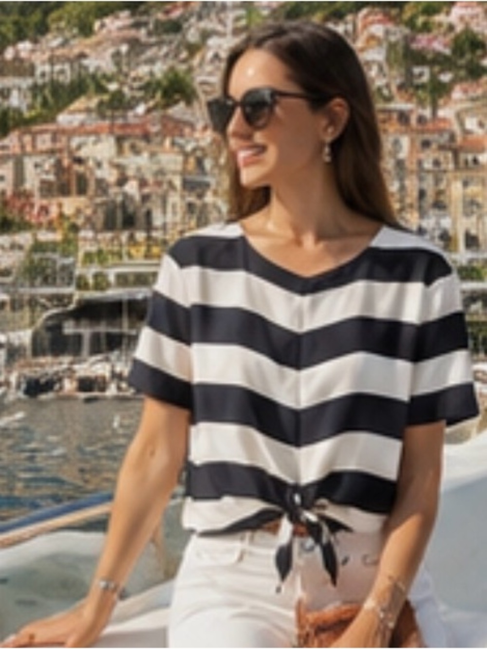 Tibi Pearl Striped Tie Front Blouse Black White Designer Top XS